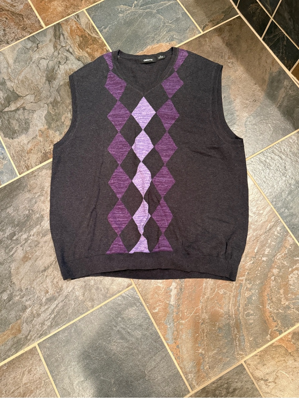 Men’s Claiborne Black Sweater Vest with Purple Argyle